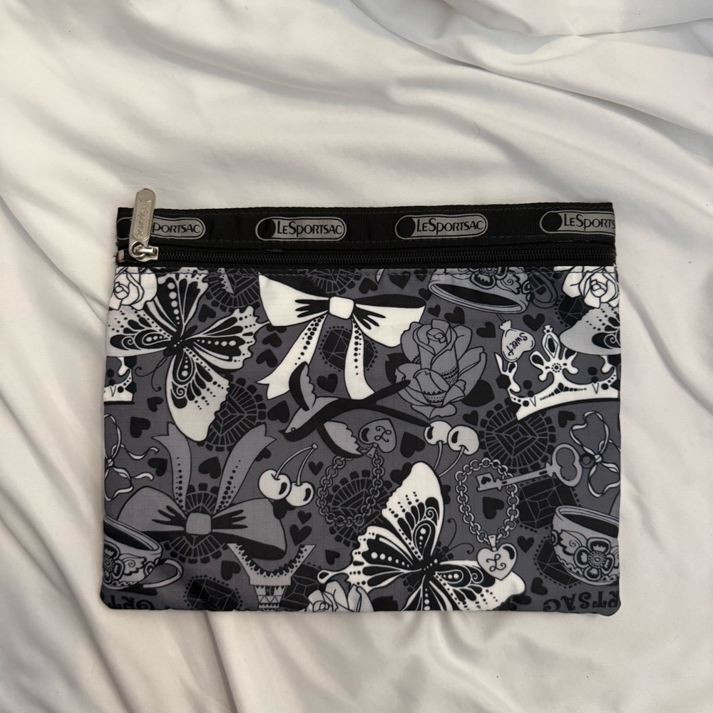 Like New LeSportsac Black and Grey Butterfly Bow Ribbon Zipper Pouch